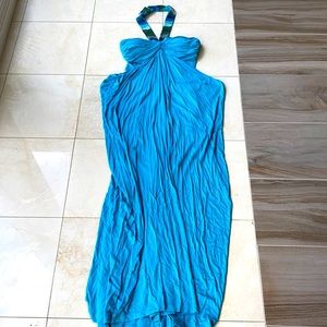 Strapless cotton turquoise dress with sequence neck tied